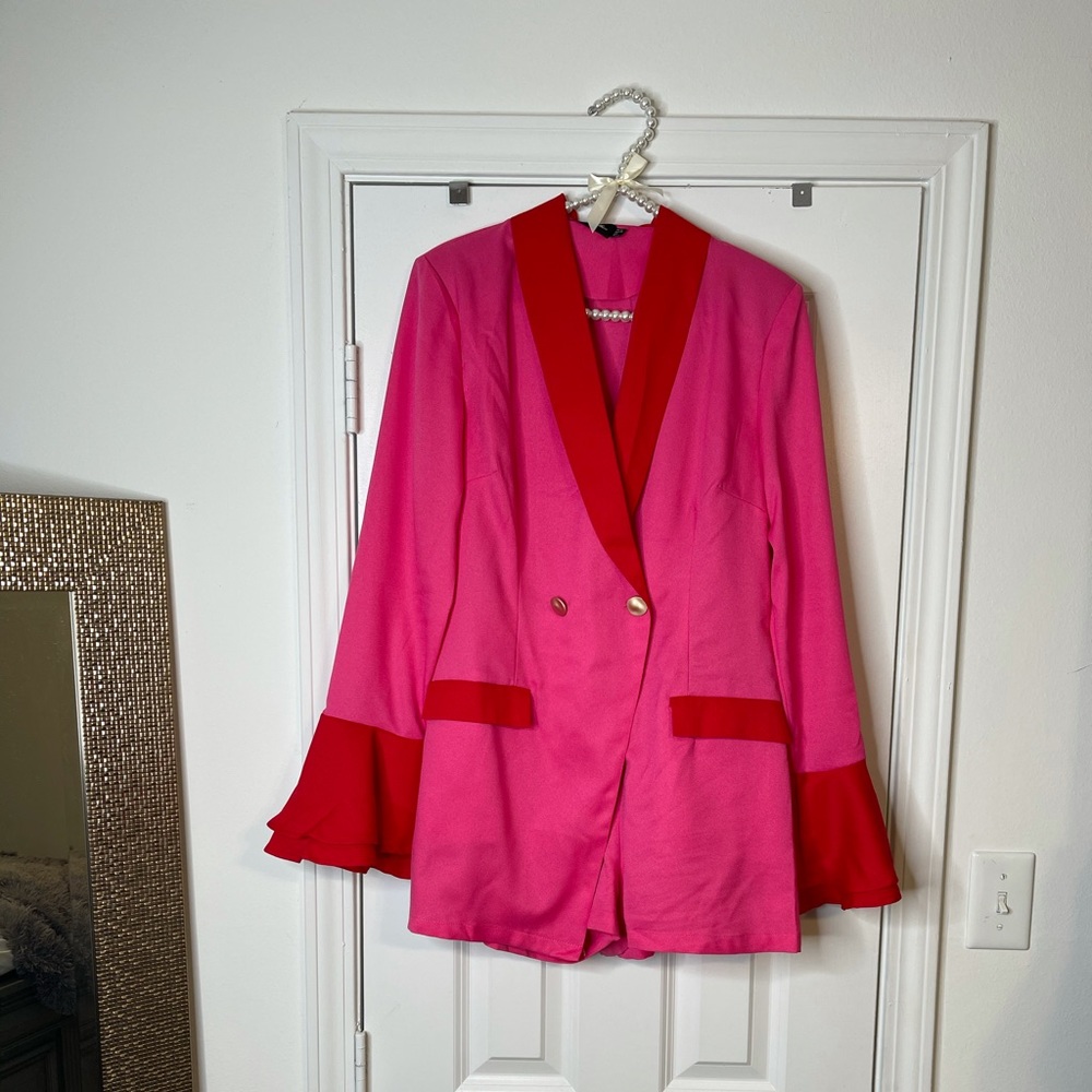 Pink Contrast Frill Sleeve Blazer Romper